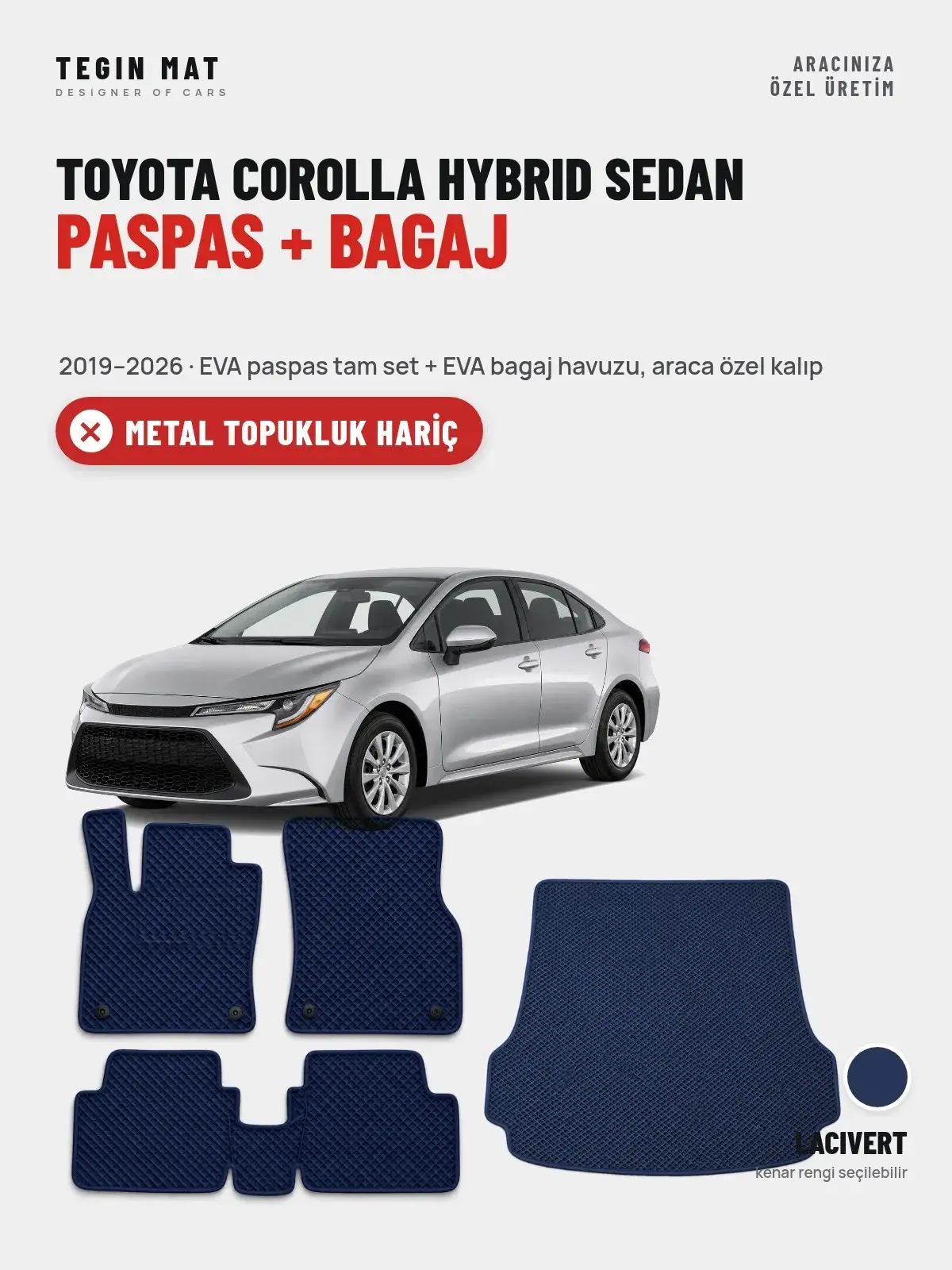 Toyota Corolla Hybrid Sedan EVA Paspas + Bagaj Havuzu Seti (2019–2026) Lacivert – Metal Topukluk Hariç (1)