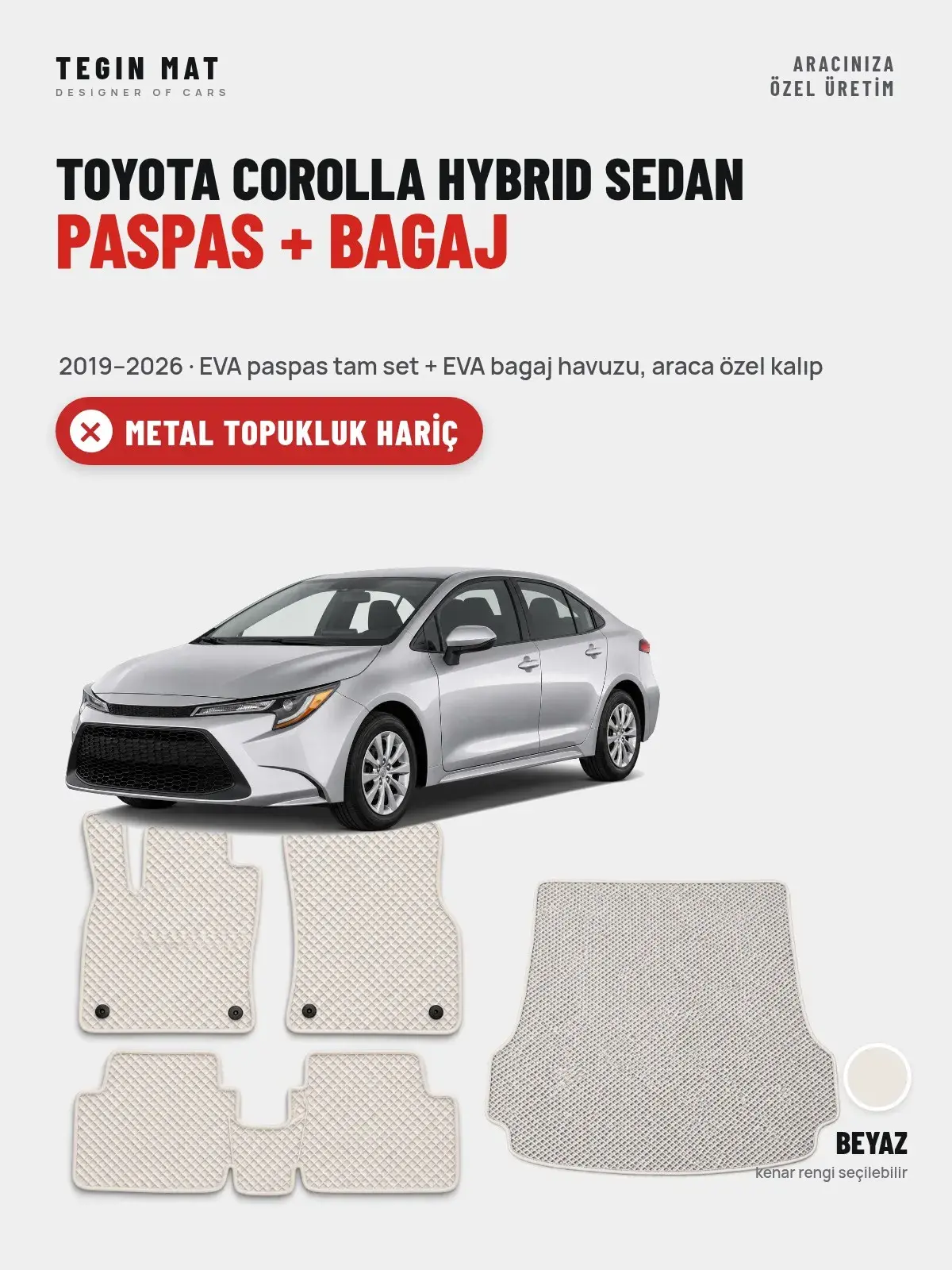Toyota Corolla Hybrid Sedan EVA Paspas + Bagaj Havuzu Seti (2019–2026) Beyaz – Metal Topukluk Hariç (1)