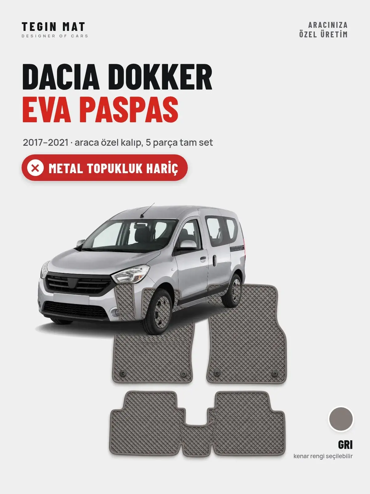 Dacia Dokker EVA Oto Paspas Tam Set (2017–2021) Gri – Metal Topukluk Hariç (1)