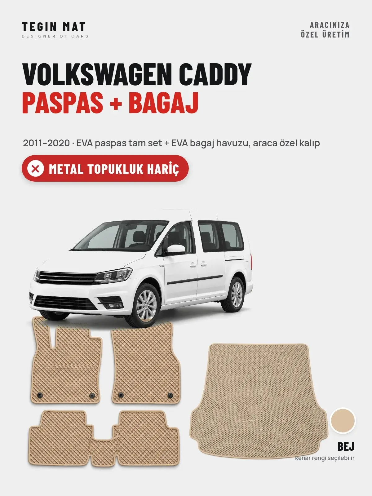 Volkswagen Caddy EVA Paspas + Bagaj Havuzu Seti (2011–2020) Bej – Metal Topukluk Hariç (1)