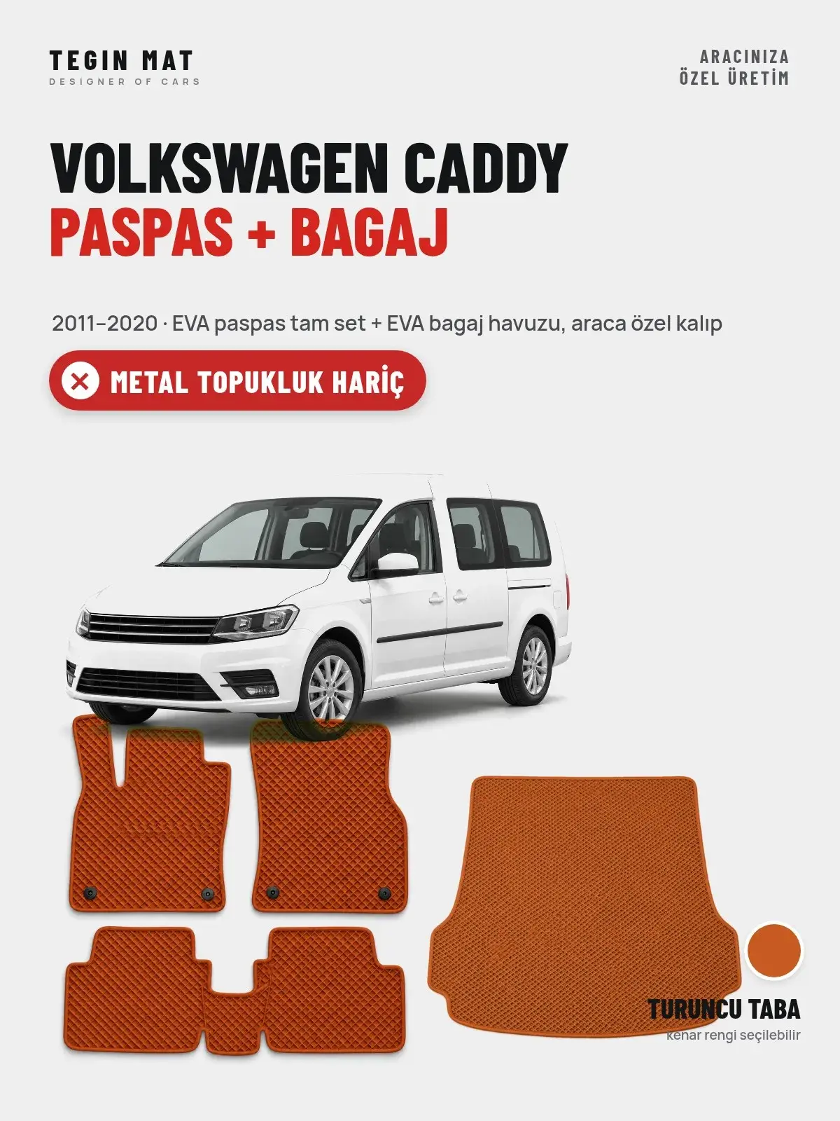 Volkswagen Caddy EVA Paspas + Bagaj Havuzu Seti (2011–2020) Turuncu Taba – Metal Topukluk Hariç (1)