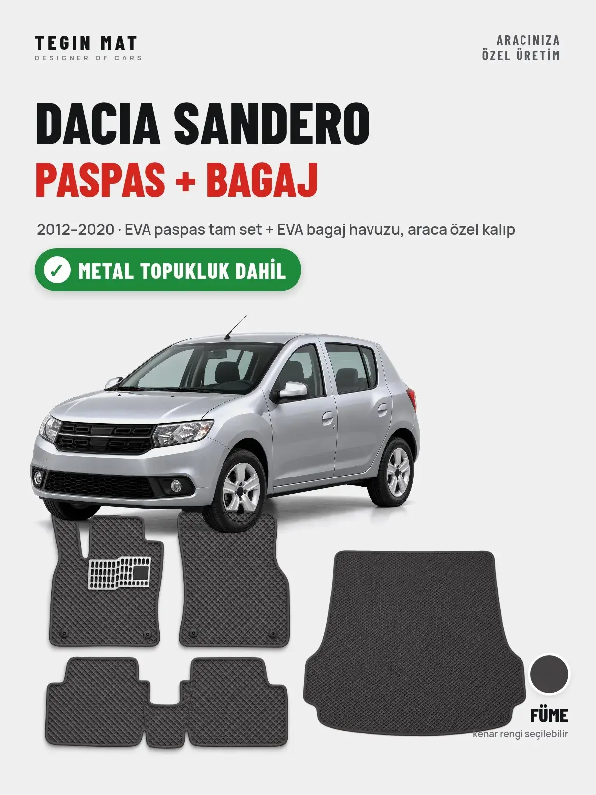 Dacia Sandero EVA Paspas + Bagaj Havuzu Seti (2012–2020) Füme – Metal Topukluk Dahil (1)