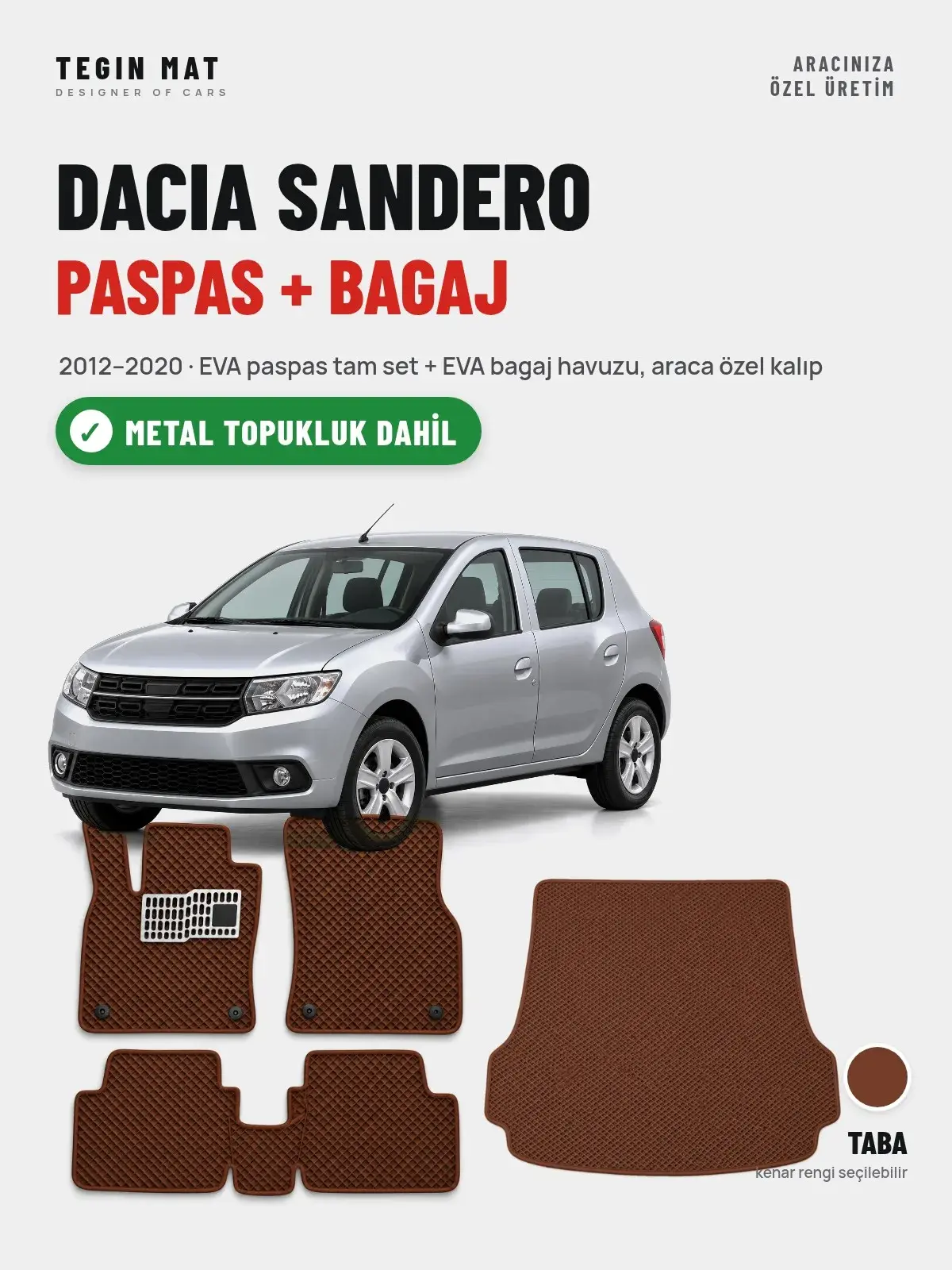 Dacia Sandero EVA Paspas + Bagaj Havuzu Seti (2012–2020) Taba – Metal Topukluk Dahil (1)