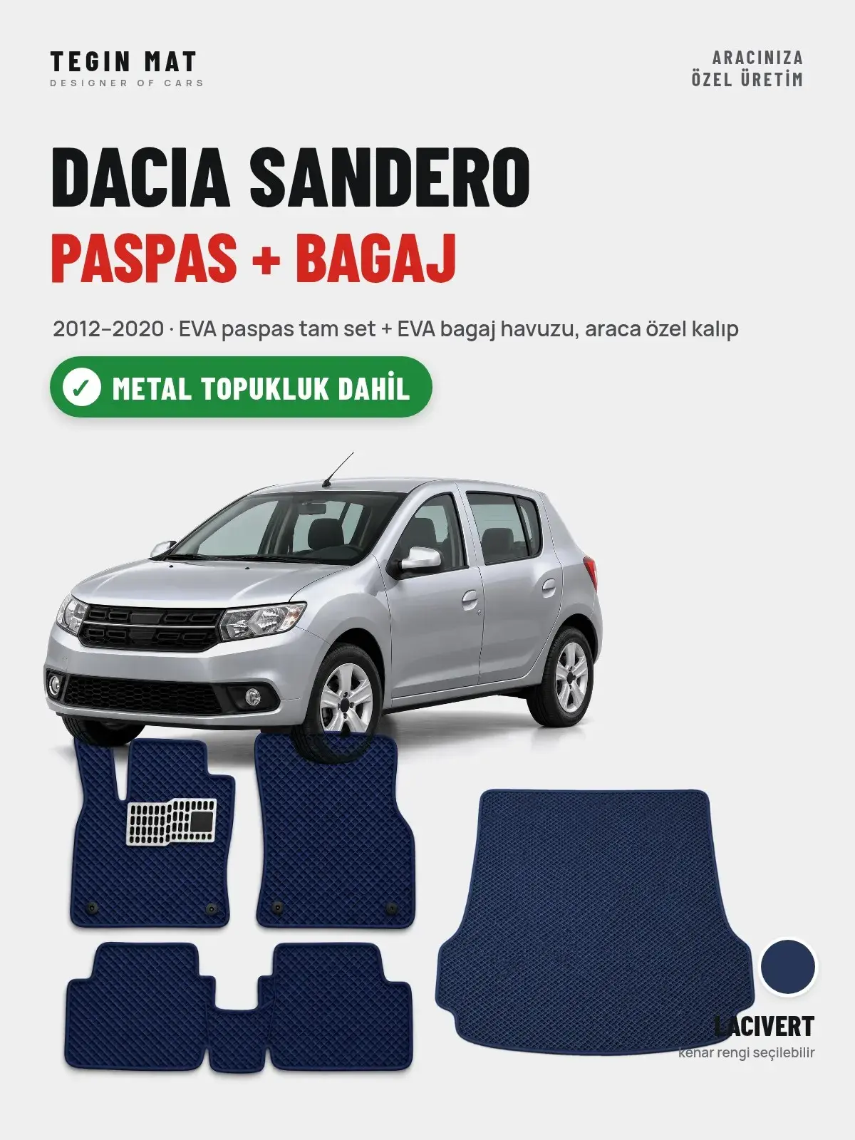 Dacia Sandero EVA Paspas + Bagaj Havuzu Seti (2012–2020) Lacivert – Metal Topukluk Dahil (1)