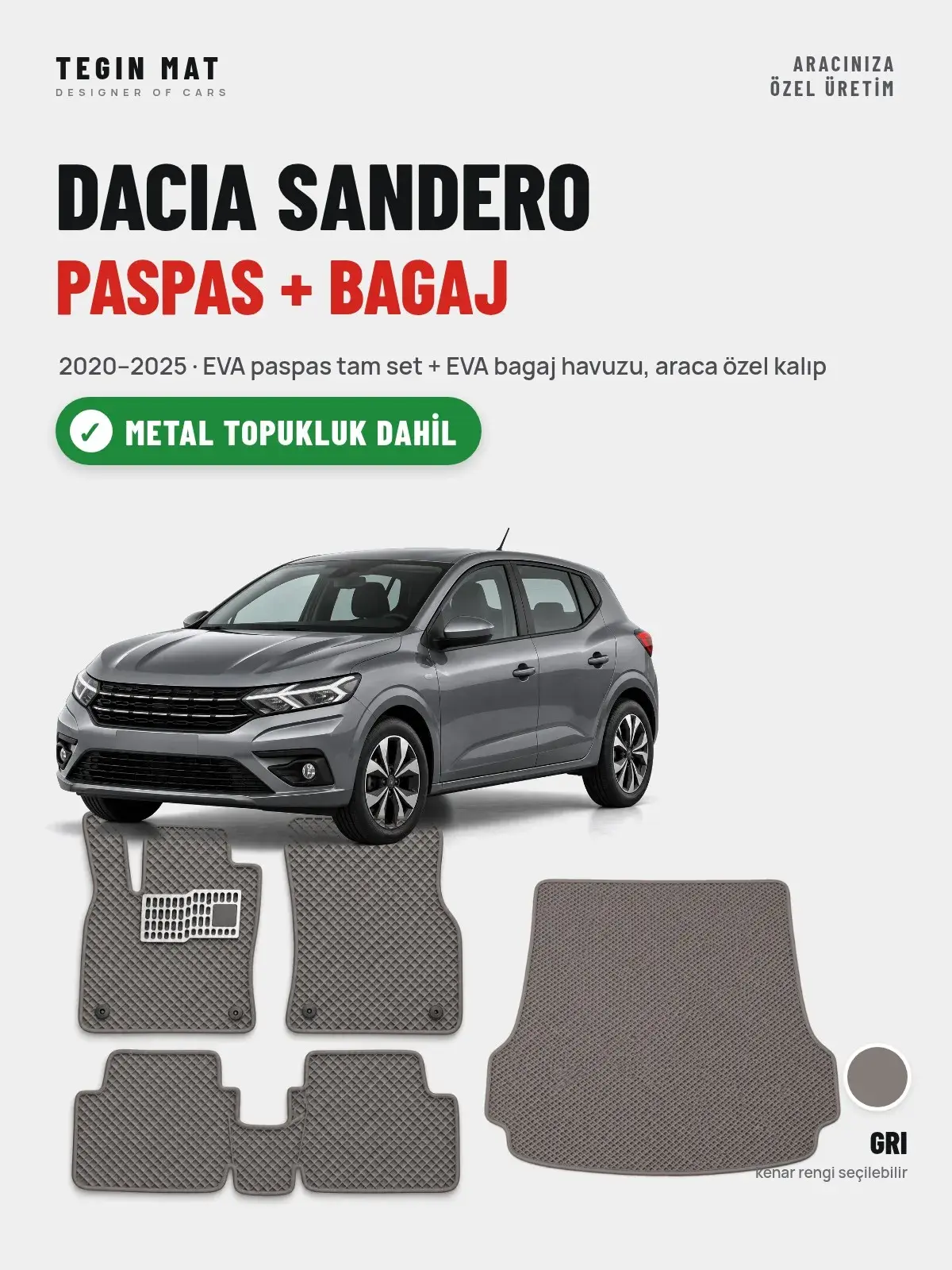 Dacia Sandero EVA Paspas + Bagaj Havuzu Seti (2020–2025) Gri – Metal Topukluk Dahil (1)