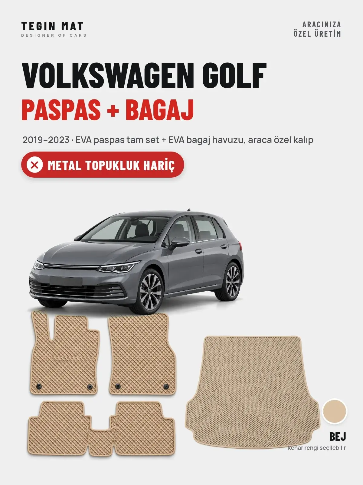 Volkswagen Golf EVA Paspas + Bagaj Havuzu Seti (2019–2023) Bej – Metal Topukluk Hariç (1)
