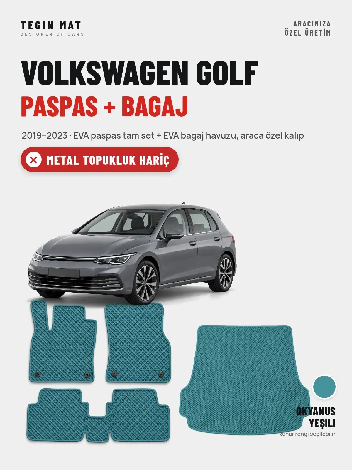 Volkswagen Golf EVA Paspas + Bagaj Havuzu Seti (2019–2023) Okyanus Yeşili – Metal Topukluk Hariç (1)