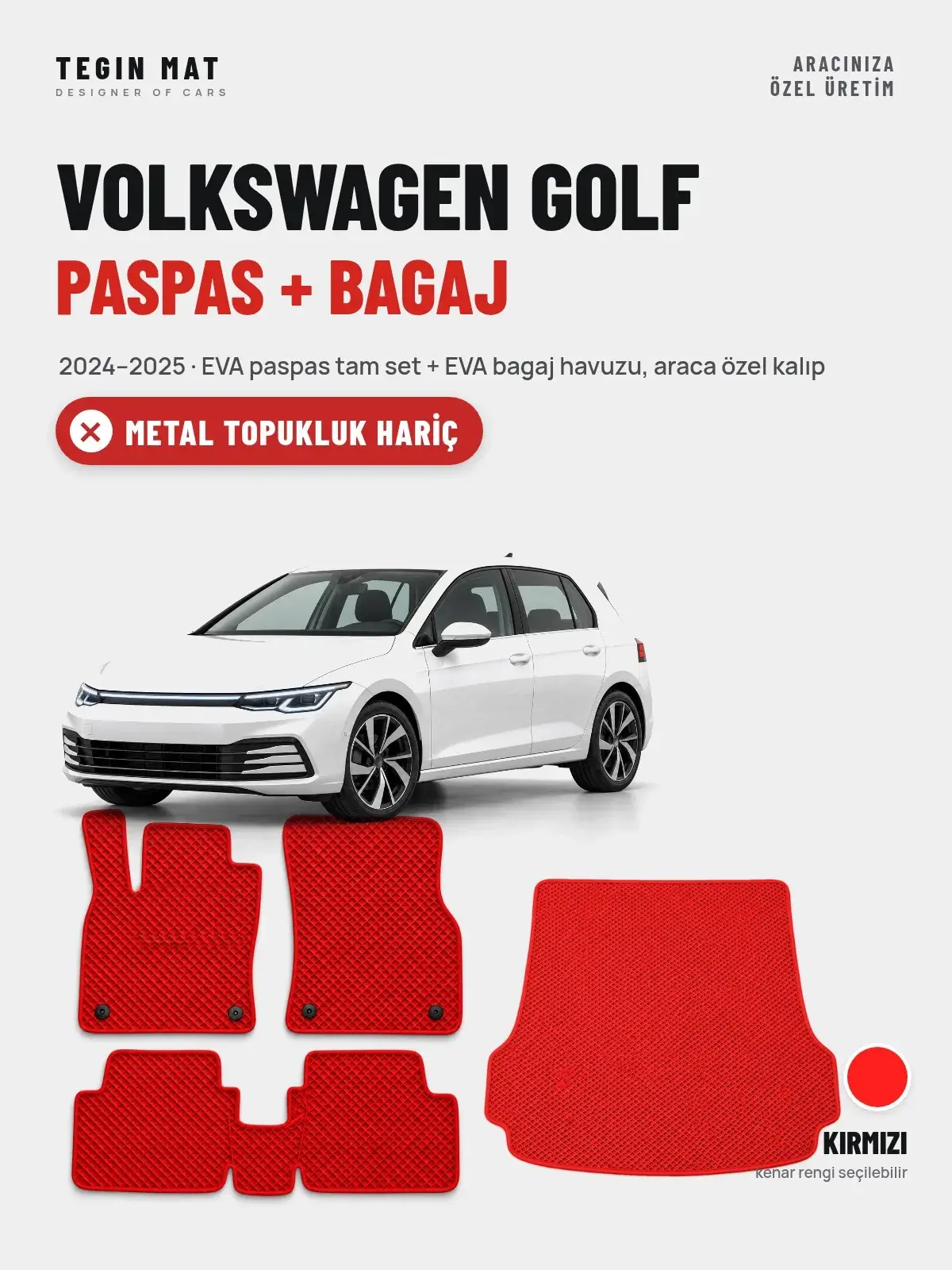 Volkswagen Golf EVA Paspas + Bagaj Havuzu Seti (2024–2025) Kırmızı – Metal Topukluk Hariç (1)