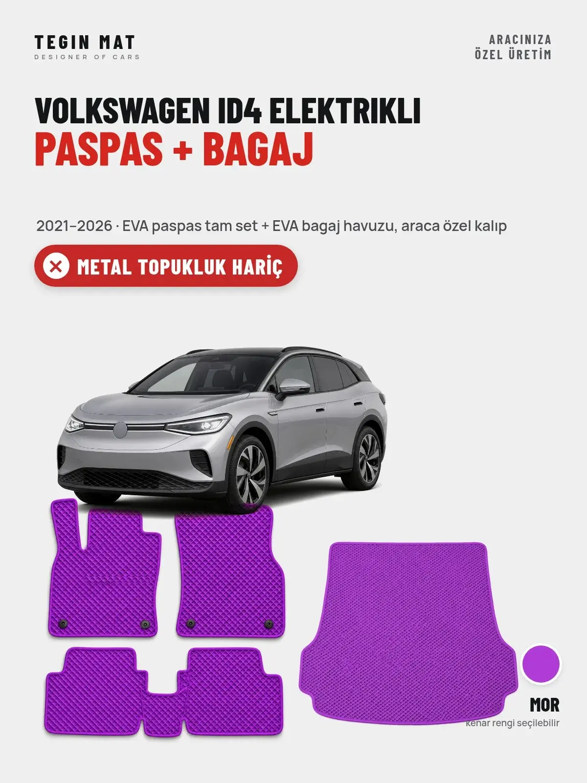 Volkswagen ID4 Elektrikli EVA Paspas + Bagaj Havuzu Seti (2021–2026) Mor – Metal Topukluk Hariç (1)
