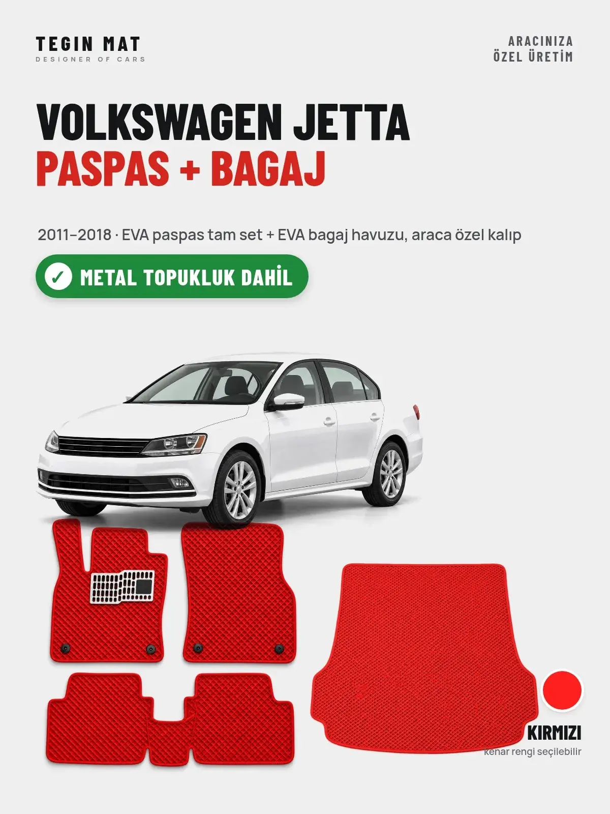 Volkswagen Jetta EVA Paspas + Bagaj Havuzu Seti (2011–2018) Kırmızı – Metal Topukluk Dahil (1)