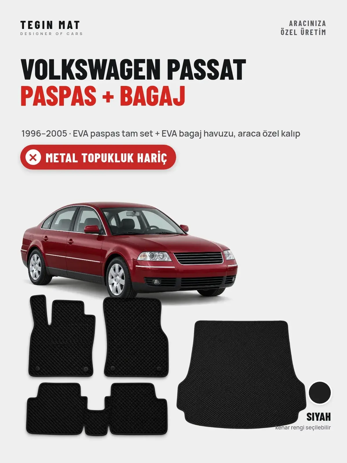 Volkswagen Passat EVA Paspas + Bagaj Havuzu Seti (1996–2005) Siyah – Metal Topukluk Hariç (1)