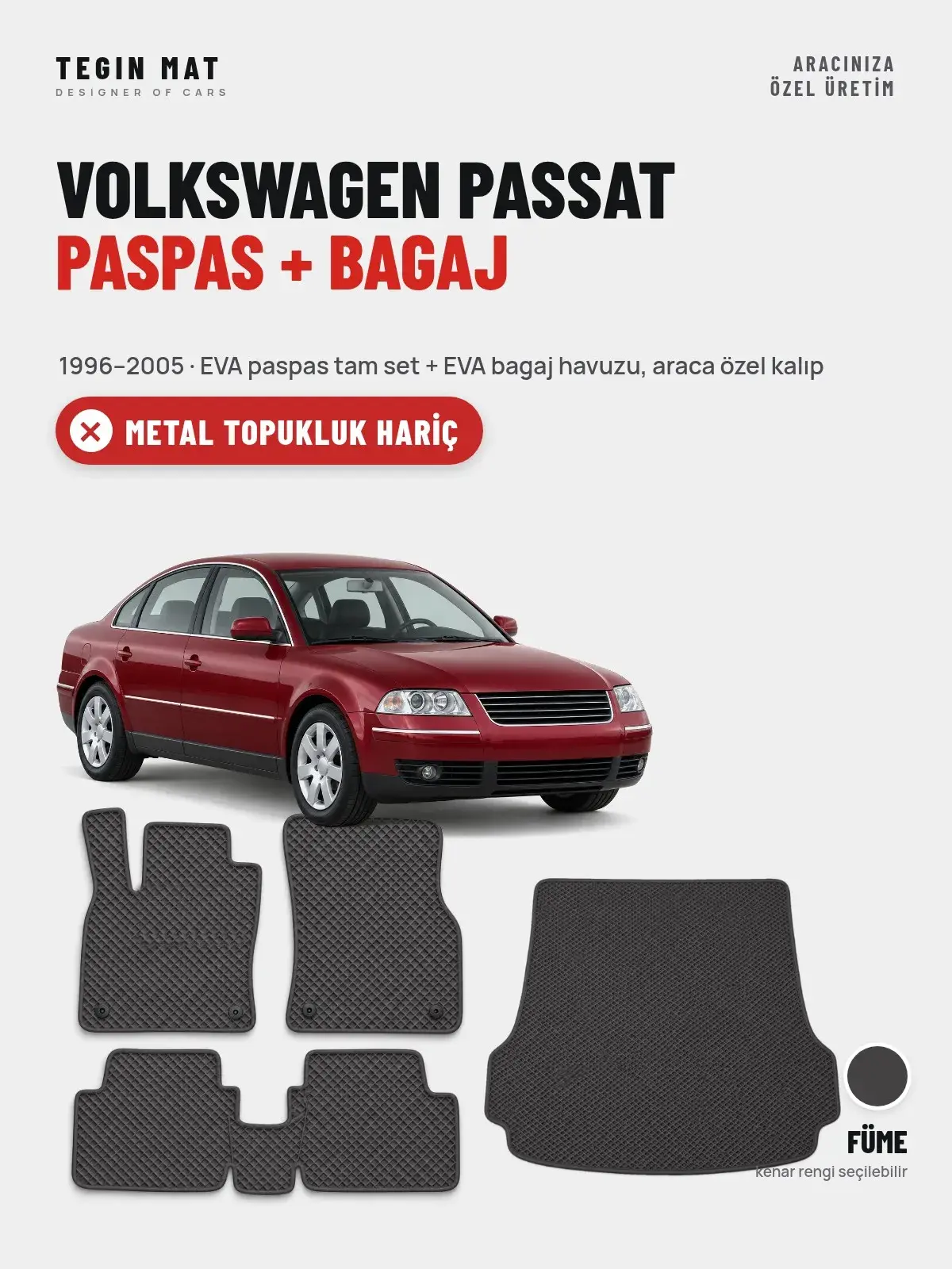 Volkswagen Passat EVA Paspas + Bagaj Havuzu Seti (1996–2005) Füme – Metal Topukluk Hariç (1)