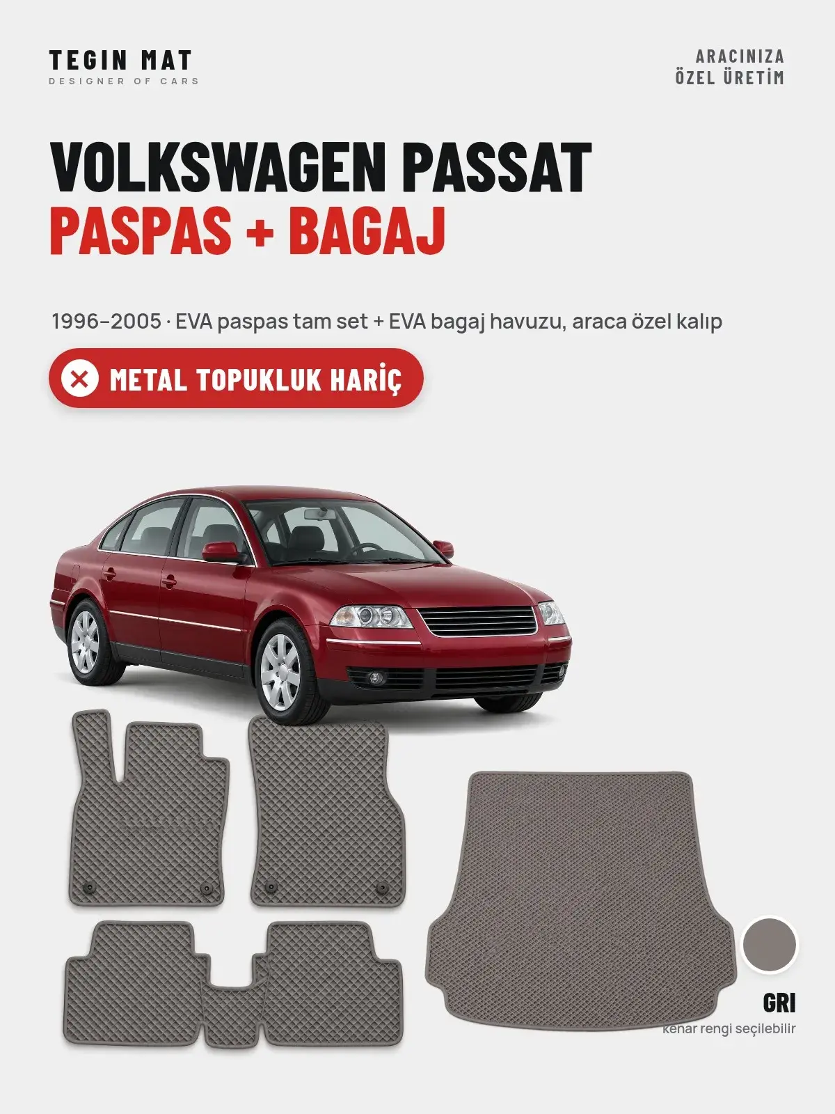 Volkswagen Passat EVA Paspas + Bagaj Havuzu Seti (1996–2005) Gri – Metal Topukluk Hariç (1)