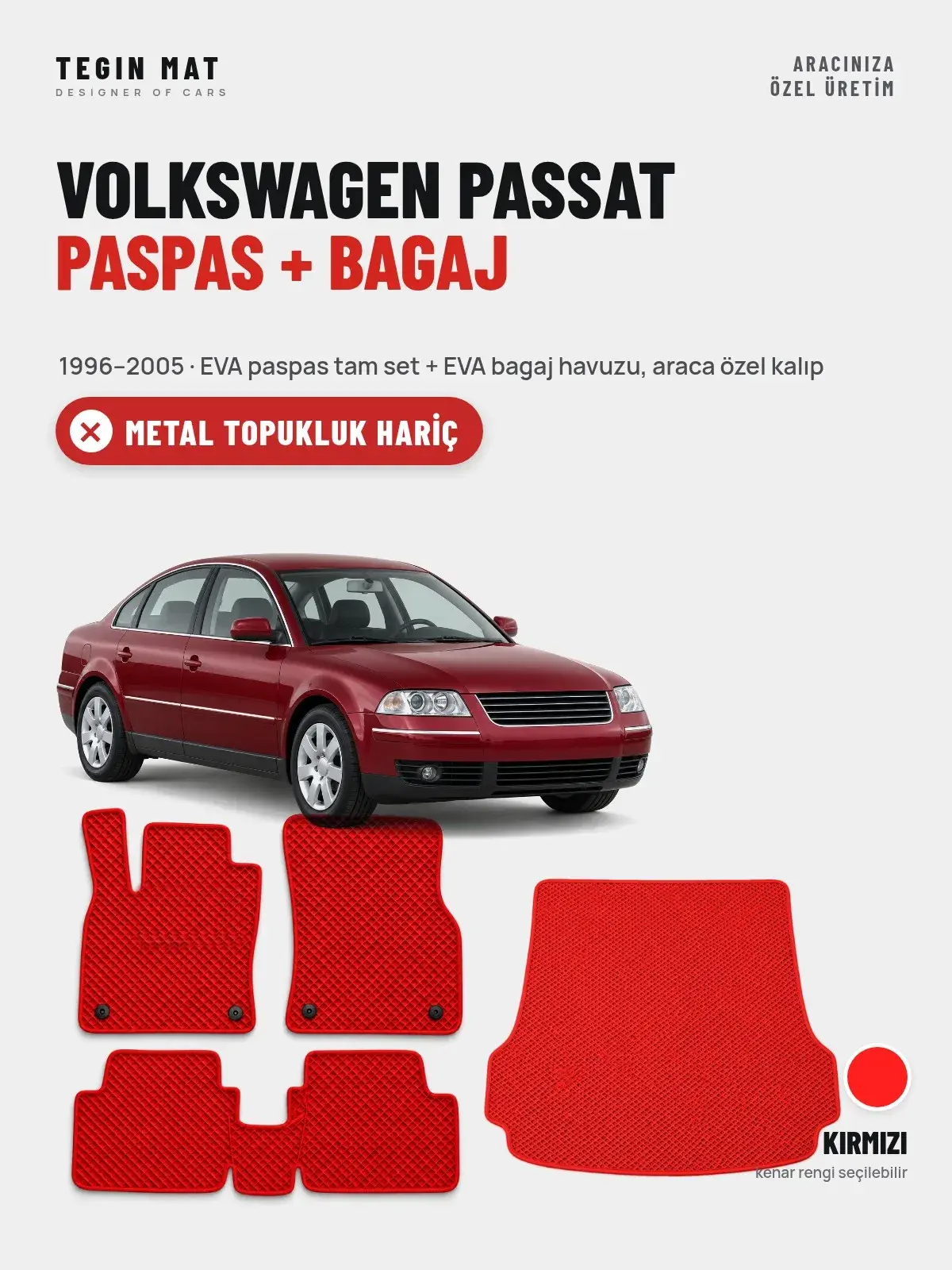Volkswagen Passat EVA Paspas + Bagaj Havuzu Seti (1996–2005) Kırmızı – Metal Topukluk Hariç (1)