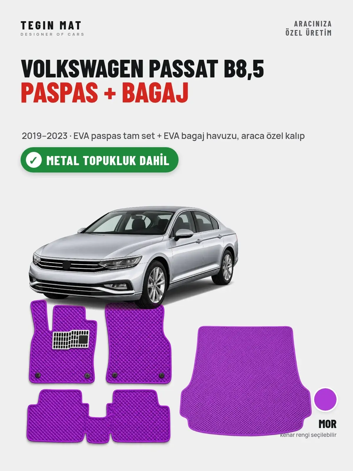 Volkswagen Passat B8,5 EVA Paspas + Bagaj Havuzu Seti (2019–2023) Mor – Metal Topukluk Dahil (1)