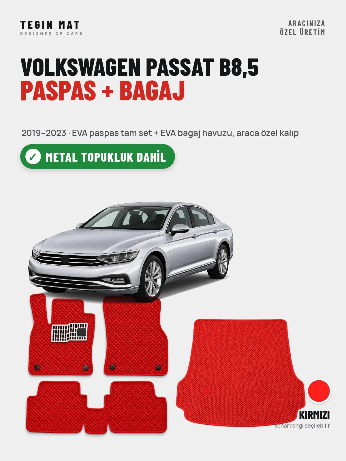 Volkswagen Passat B8,5 EVA Paspas + Bagaj Havuzu Seti (2019–2023) Kırmızı – Metal Topukluk Dahil (1)