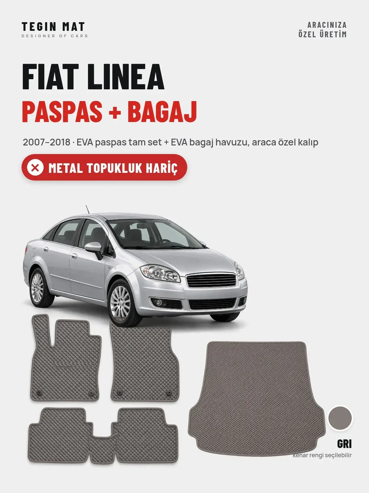 Fiat Linea EVA Paspas + Bagaj Havuzu Seti (2007–2018) Gri – Metal Topukluk Hariç (1)