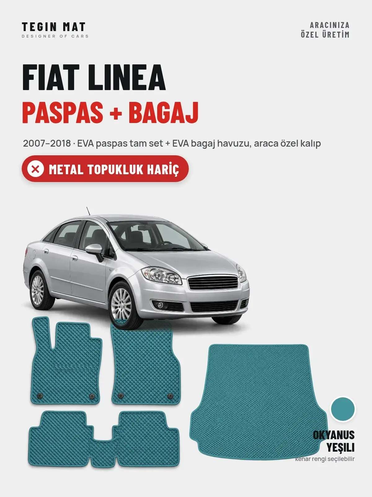 Fiat Linea EVA Paspas + Bagaj Havuzu Seti (2007–2018) Okyanus Yeşili – Metal Topukluk Hariç (1)
