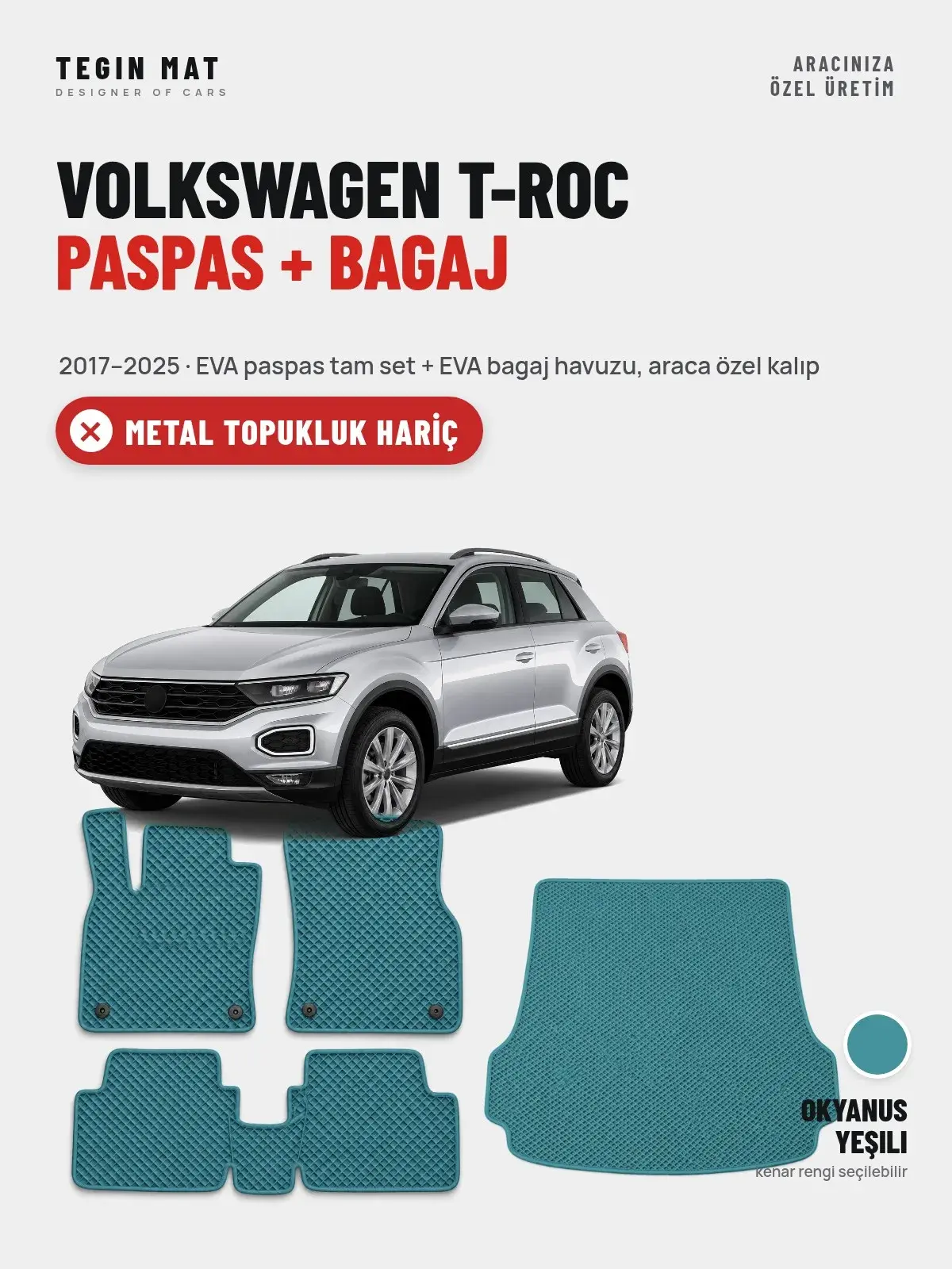 Volkswagen T-Roc EVA Paspas + Bagaj Havuzu Seti (2017–2025) Okyanus Yeşili – Metal Topukluk Hariç (1)