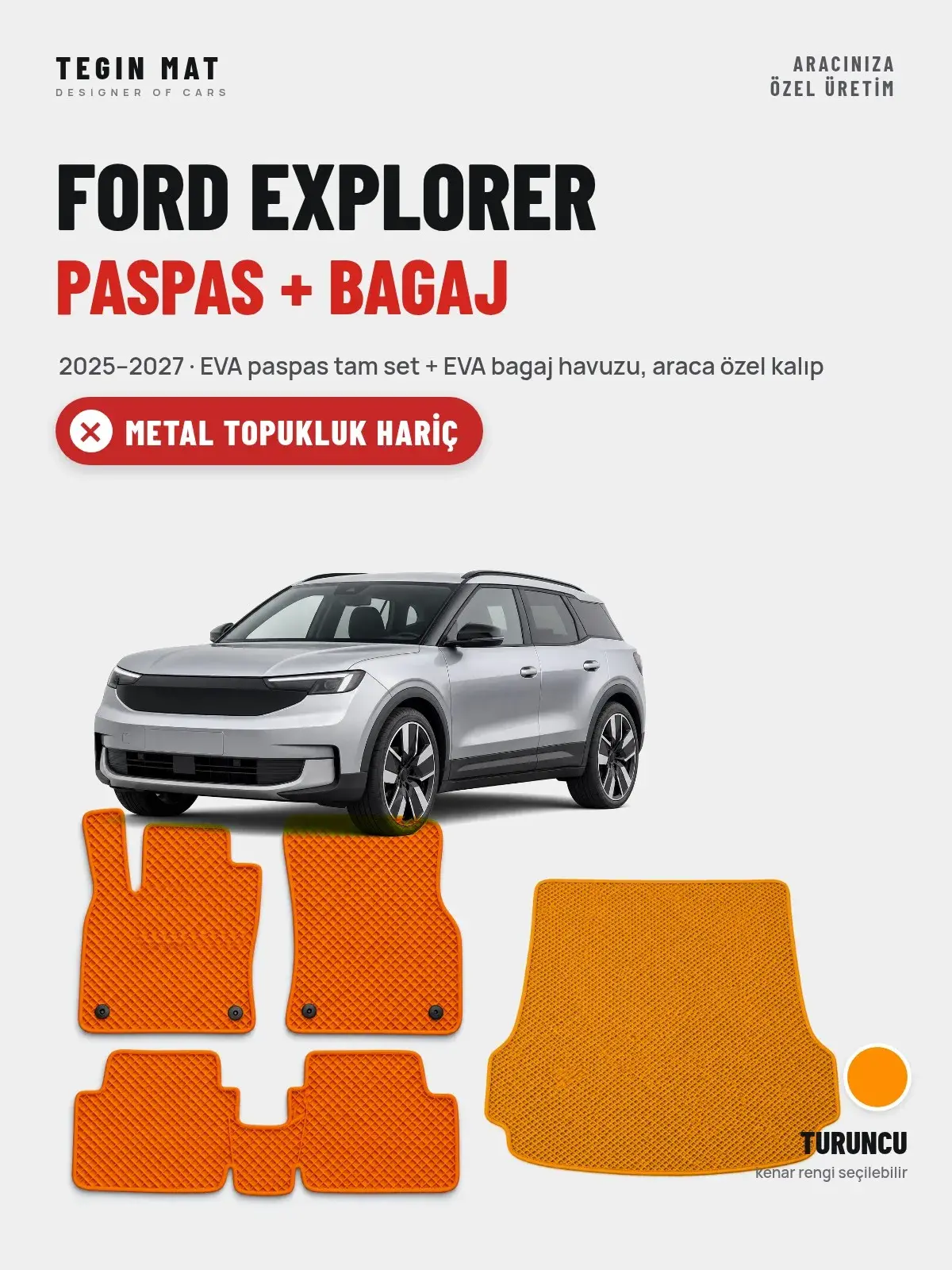 Ford Explorer EVA Paspas + Bagaj Havuzu Seti (2025–2027) Turuncu – Metal Topukluk Hariç (1)