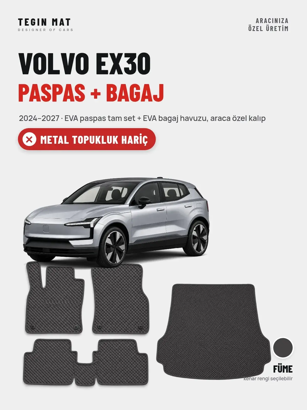 Volvo EX30 EVA Paspas + Bagaj Havuzu Seti (2024–2027) Füme – Metal Topukluk Hariç (1)