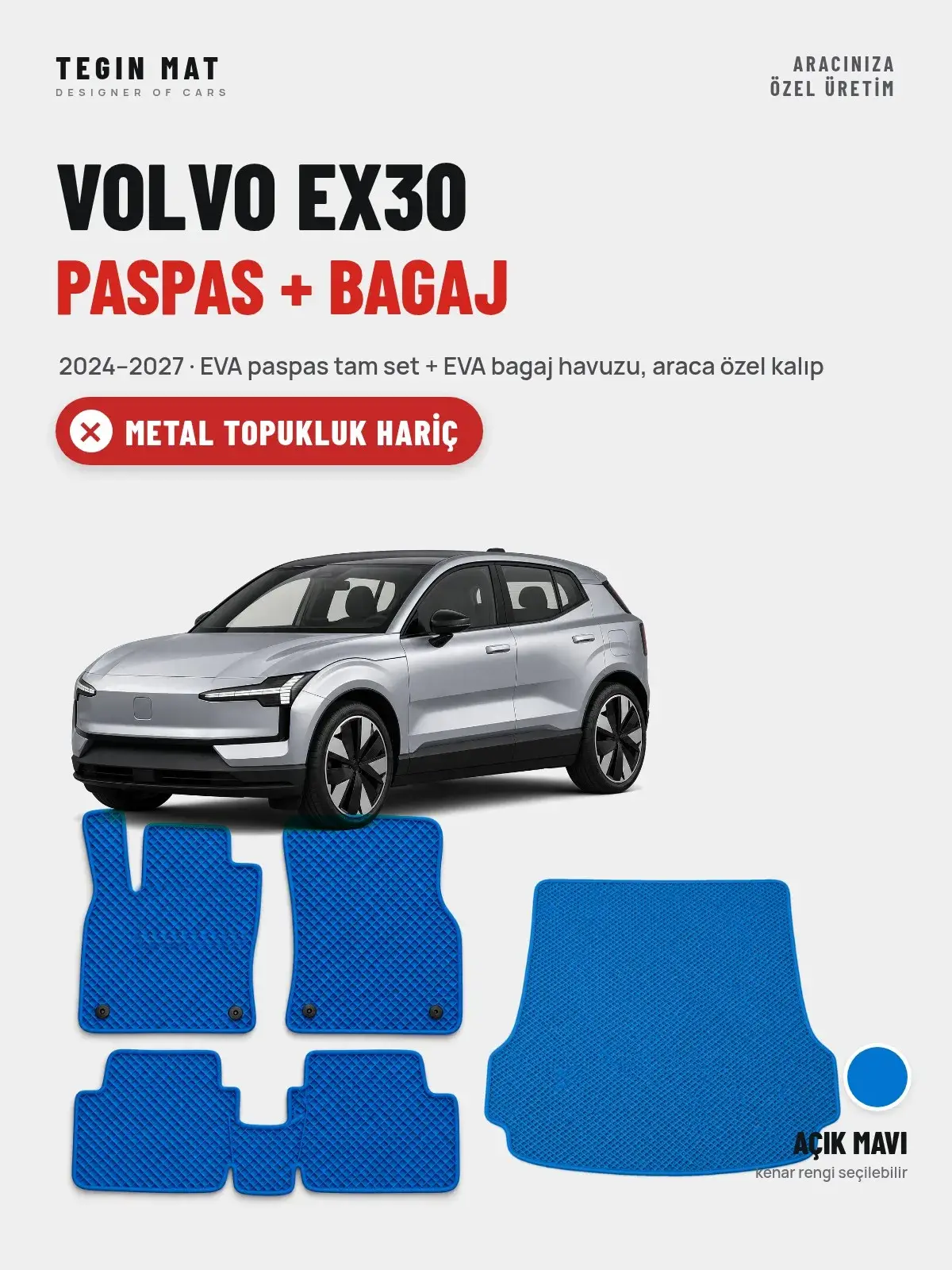 Volvo EX30 EVA Paspas + Bagaj Havuzu Seti (2024–2027) Açık Mavi – Metal Topukluk Hariç (1)