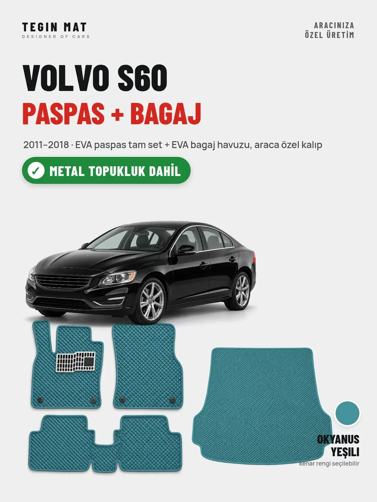 Volvo S60 EVA Paspas + Bagaj Havuzu Seti (2011–2018) Okyanus Yeşili – Metal Topukluk Dahil (1)