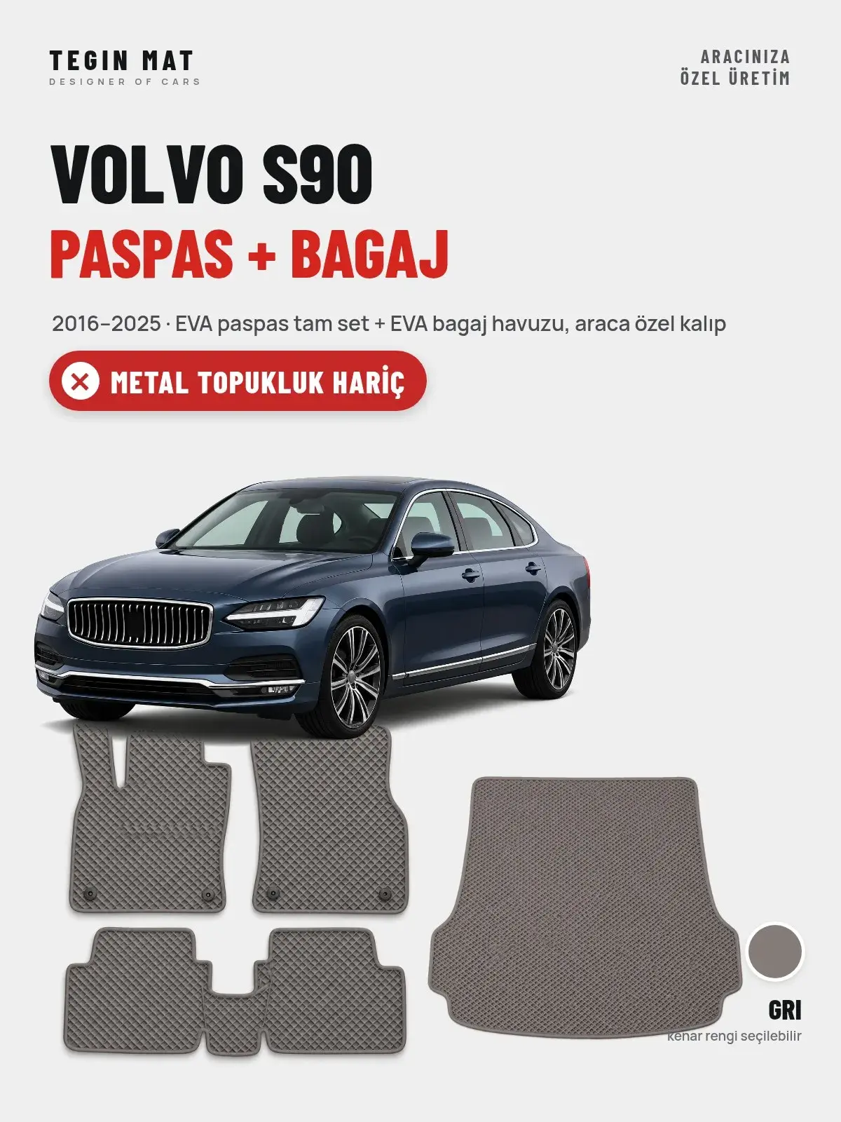 Volvo S90 EVA Paspas + Bagaj Havuzu Seti (2016–2025) Gri – Metal Topukluk Hariç (1)