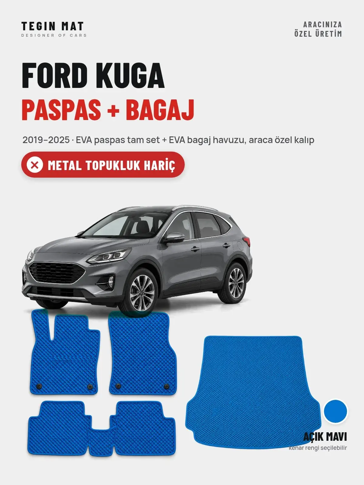 Ford Kuga EVA Paspas + Bagaj Havuzu Seti (2019–2025) Açık Mavi – Metal Topukluk Hariç (1)