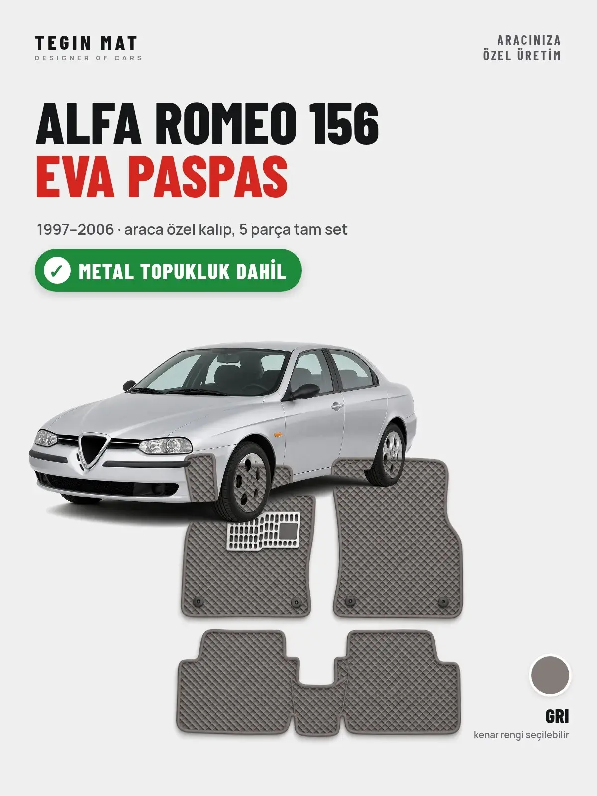 Alfa Romeo 156 EVA Oto Paspas Tam Set (1997–2006) Gri – Metal Topukluk Dahil (1)