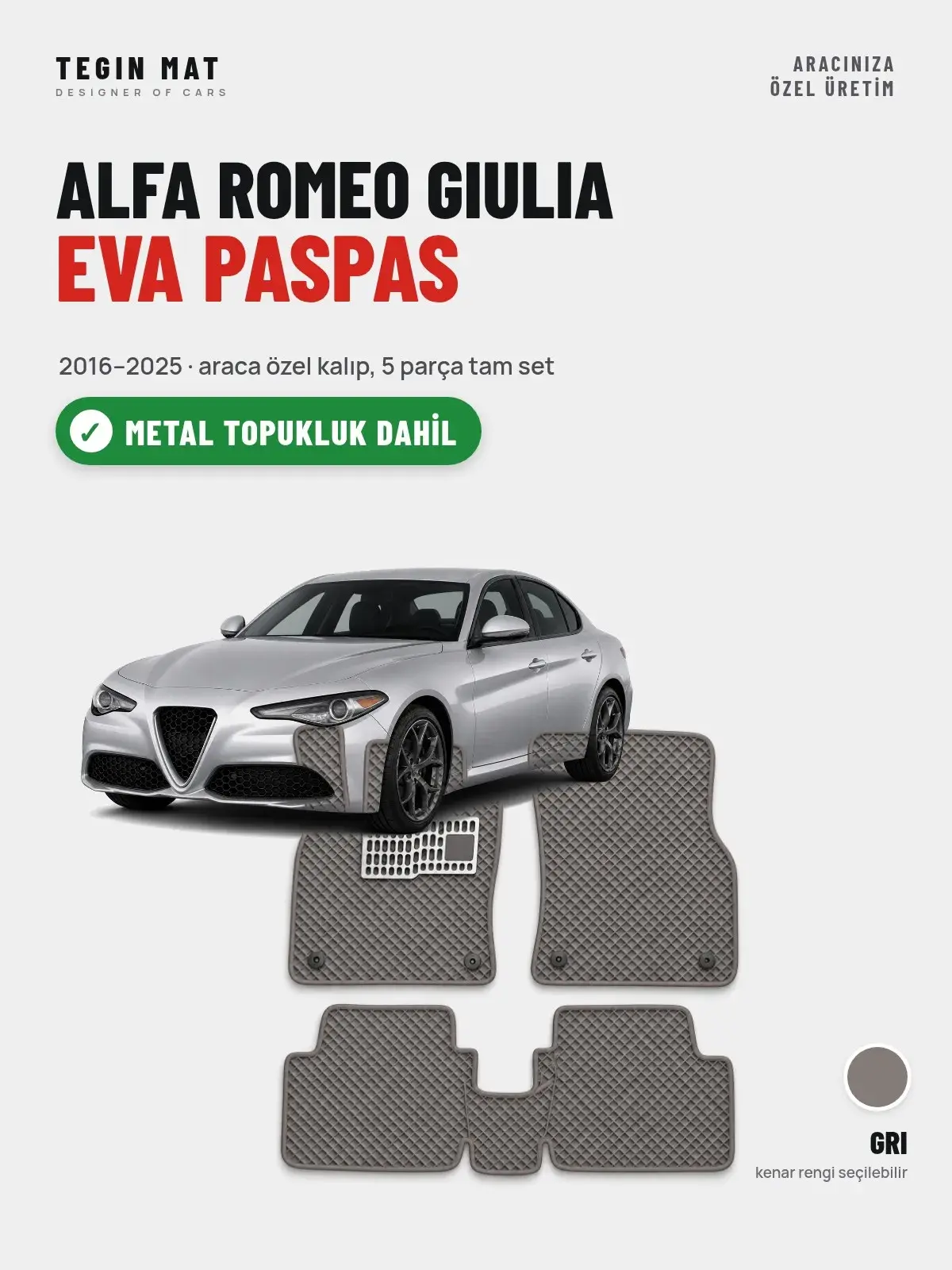 Alfa Romeo Giulia EVA Oto Paspas Tam Set (2016–2025) Gri – Metal Topukluk Dahil (1)