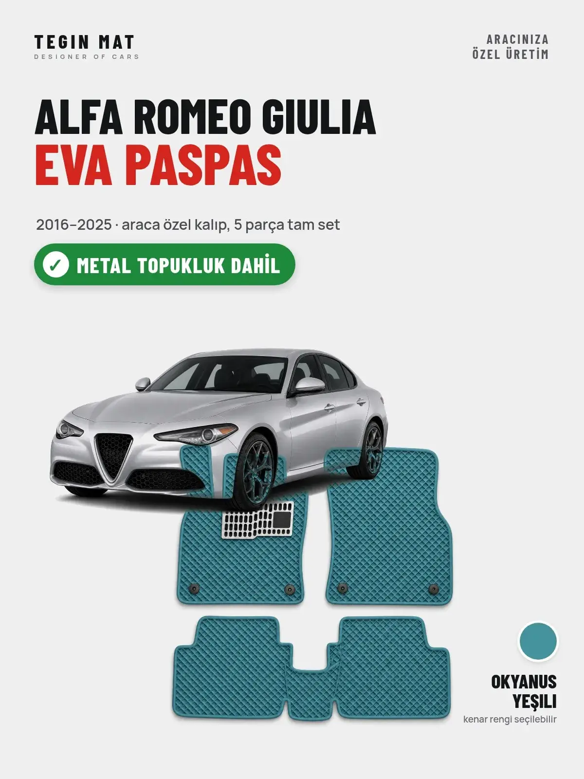Alfa Romeo Giulia EVA Oto Paspas Tam Set (2016–2025) Okyanus Yeşili – Metal Topukluk Dahil (1)