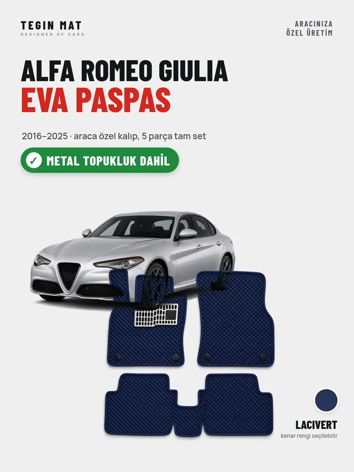Alfa Romeo Giulia EVA Oto Paspas Tam Set (2016–2025) Lacivert – Metal Topukluk Dahil (1)