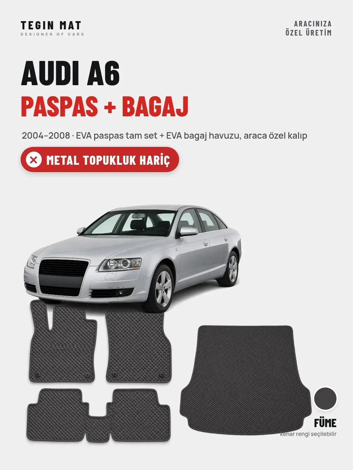 Audi A6 EVA Paspas + Bagaj Havuzu Seti (2004–2008) Füme – Metal Topukluk Hariç (1)