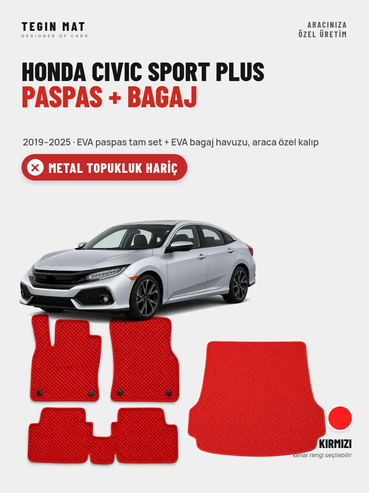 Honda Civic Sport Plus EVA Paspas + Bagaj Havuzu Seti (2019–2025) Kırmızı – Metal Topukluk Hariç (1)