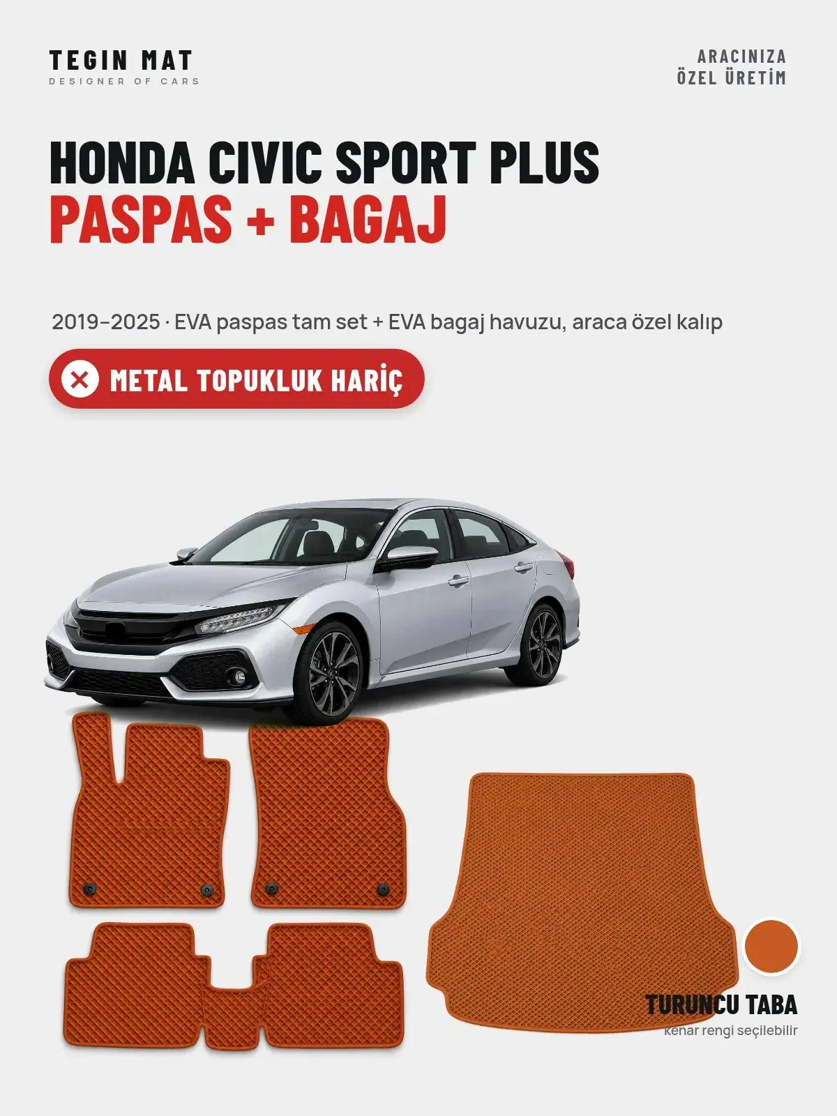 Honda Civic Sport Plus EVA Paspas + Bagaj Havuzu Seti (2019–2025) Turuncu Taba – Metal Topukluk Hariç (1)