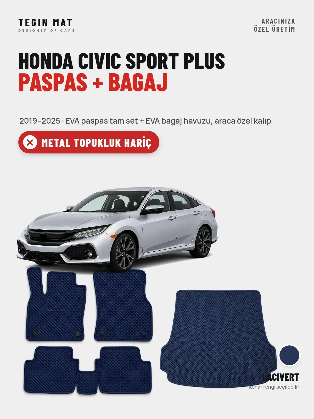 Honda Civic Sport Plus EVA Paspas + Bagaj Havuzu Seti (2019–2025) Lacivert – Metal Topukluk Hariç (1)