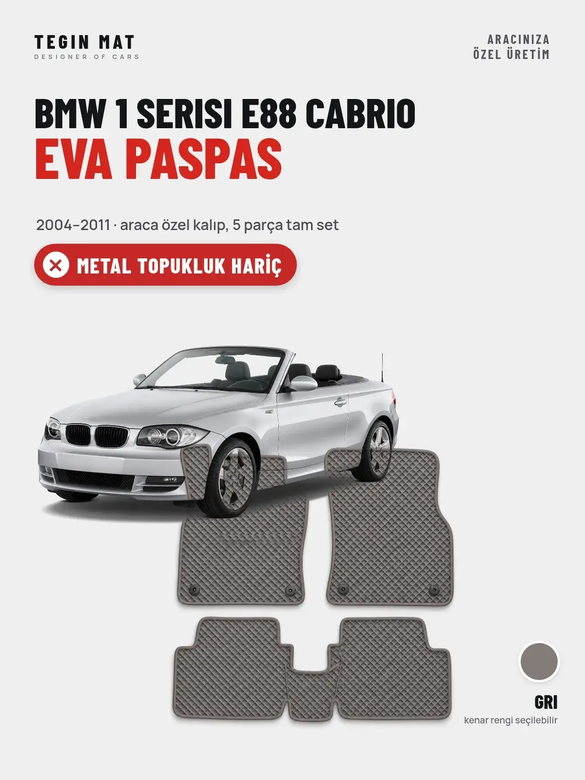 BMW 1 Serisi E88 Cabrio EVA Oto Paspas Tam Set (2004–2011) Gri – Metal Topukluk Hariç (1)