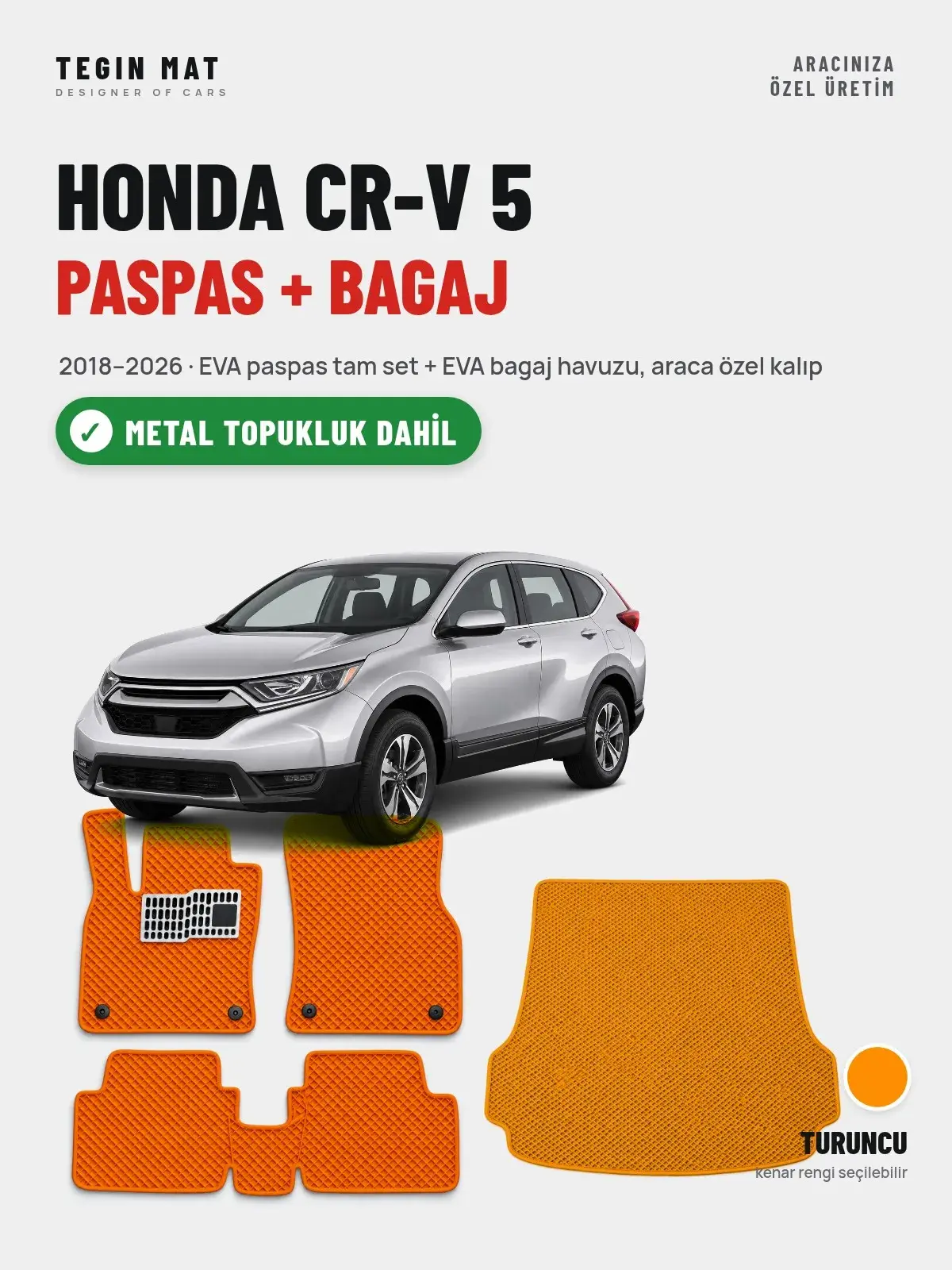 Honda CR-V 5 EVA Paspas + Bagaj Havuzu Seti (2018–2026) Turuncu – Metal Topukluk Dahil (1)