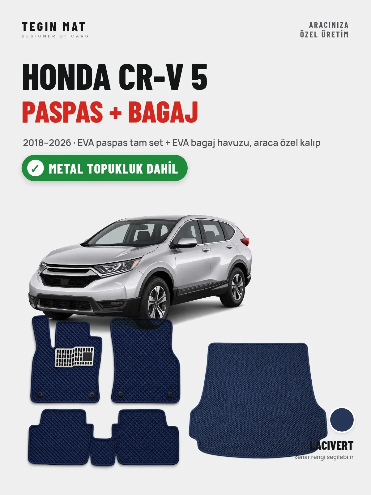 Honda CR-V 5 EVA Paspas + Bagaj Havuzu Seti (2018–2026) Lacivert – Metal Topukluk Dahil (1)