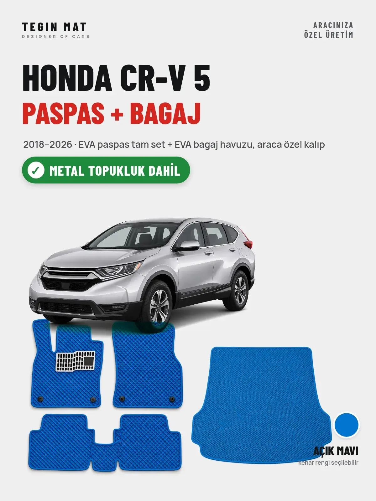 Honda CR-V 5 EVA Paspas + Bagaj Havuzu Seti (2018–2026) Açık Mavi – Metal Topukluk Dahil (1)