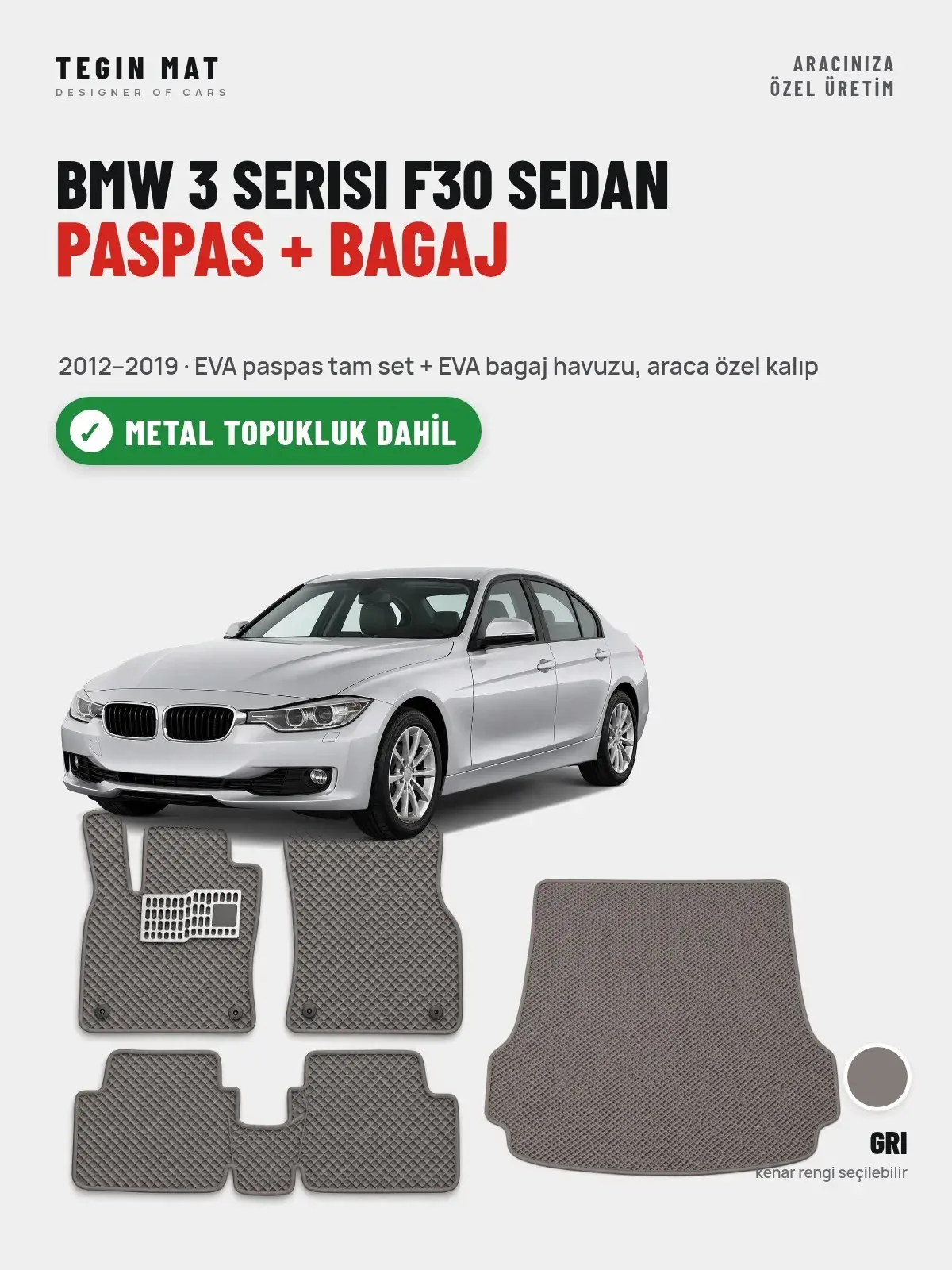 BMW 3 Serisi F30 Sedan EVA Paspas + Bagaj Havuzu Seti (2012–2019) Gri – Metal Topukluk Dahil (1)
