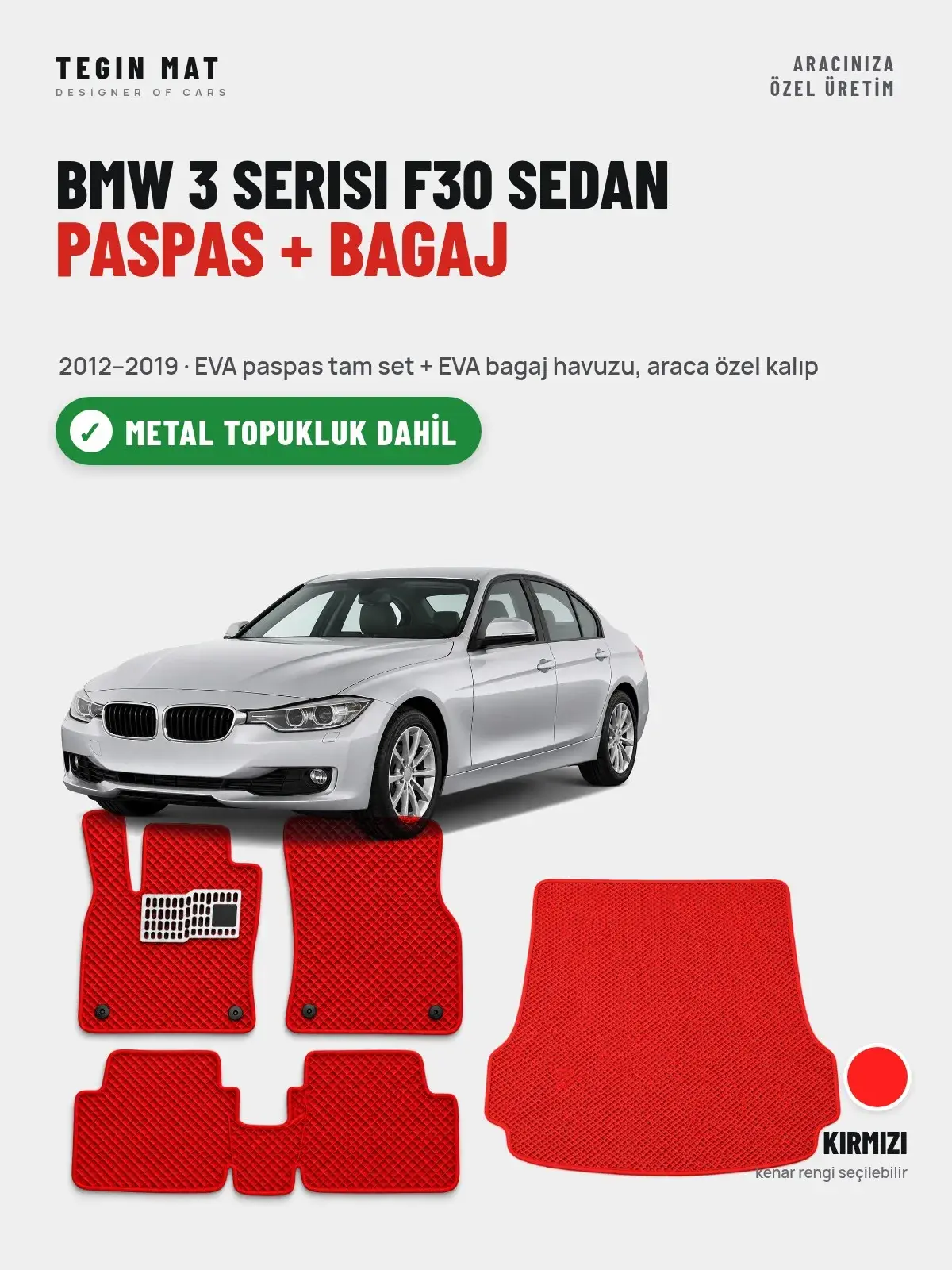 BMW 3 Serisi F30 Sedan EVA Paspas + Bagaj Havuzu Seti (2012–2019) Kırmızı – Metal Topukluk Dahil (1)