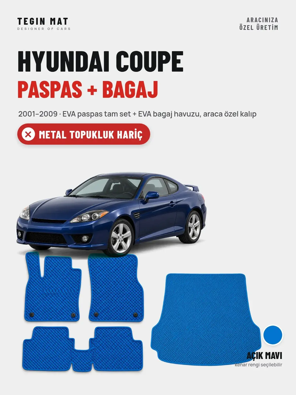 Hyundai Coupe EVA Paspas + Bagaj Havuzu Seti (2001–2009) Açık Mavi – Metal Topukluk Hariç (1)