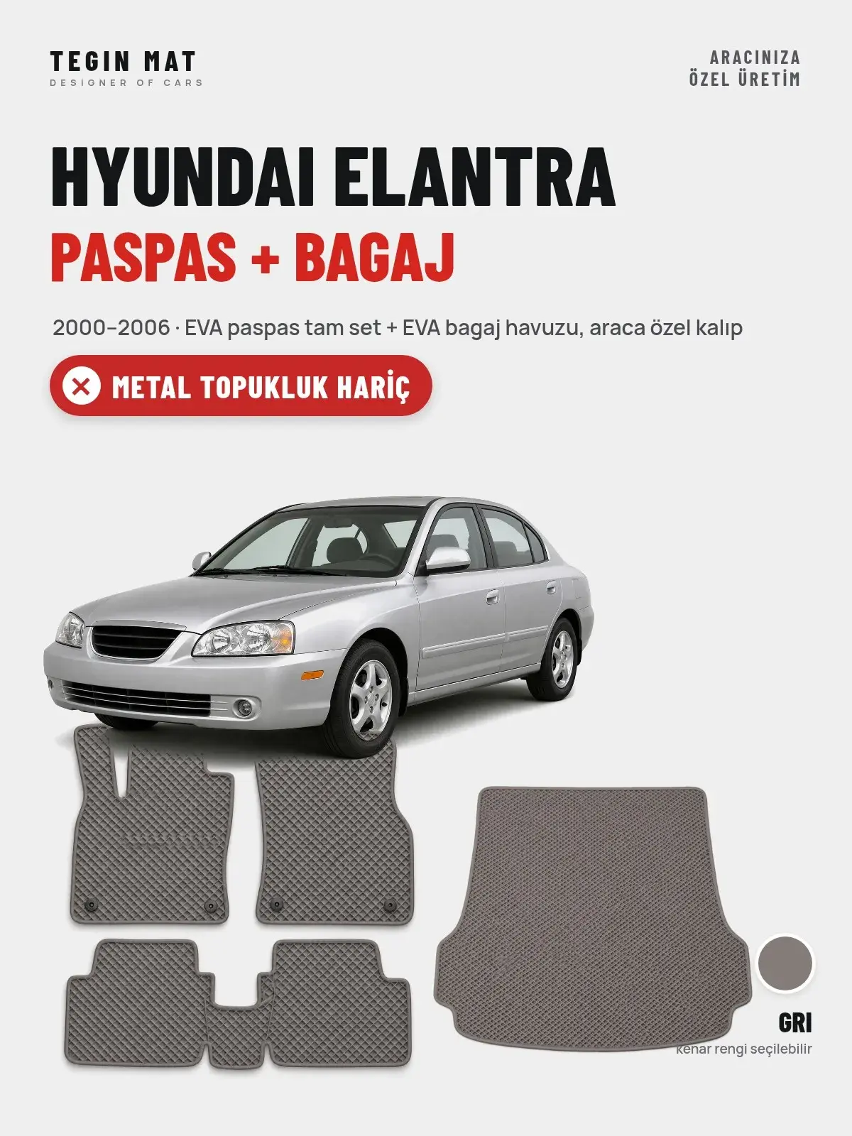 Hyundai Elantra EVA Paspas + Bagaj Havuzu Seti (2000–2006) Gri – Metal Topukluk Hariç (1)