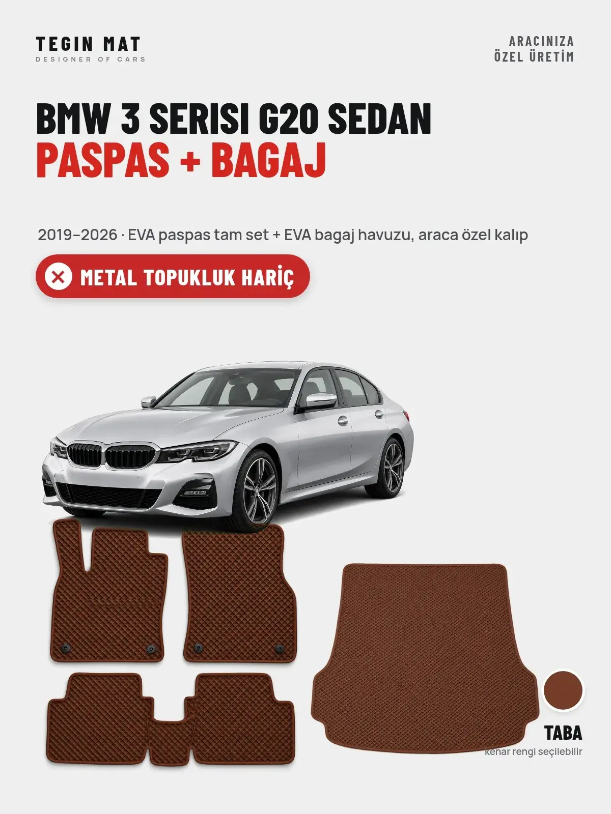BMW 3 Serisi G20 Sedan EVA Paspas + Bagaj Havuzu Seti (2019–2026) Taba – Metal Topukluk Hariç (1)