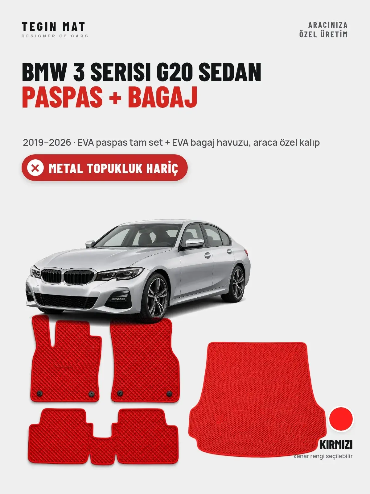 BMW 3 Serisi G20 Sedan EVA Paspas + Bagaj Havuzu Seti (2019–2026) Kırmızı – Metal Topukluk Hariç (1)