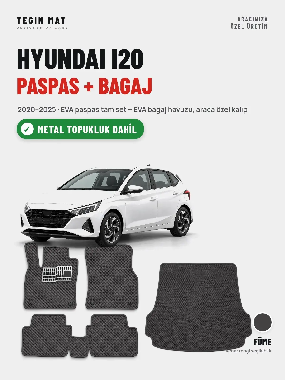 Hyundai i20 EVA Paspas + Bagaj Havuzu Seti (2020–2025) Füme – Metal Topukluk Dahil (1)