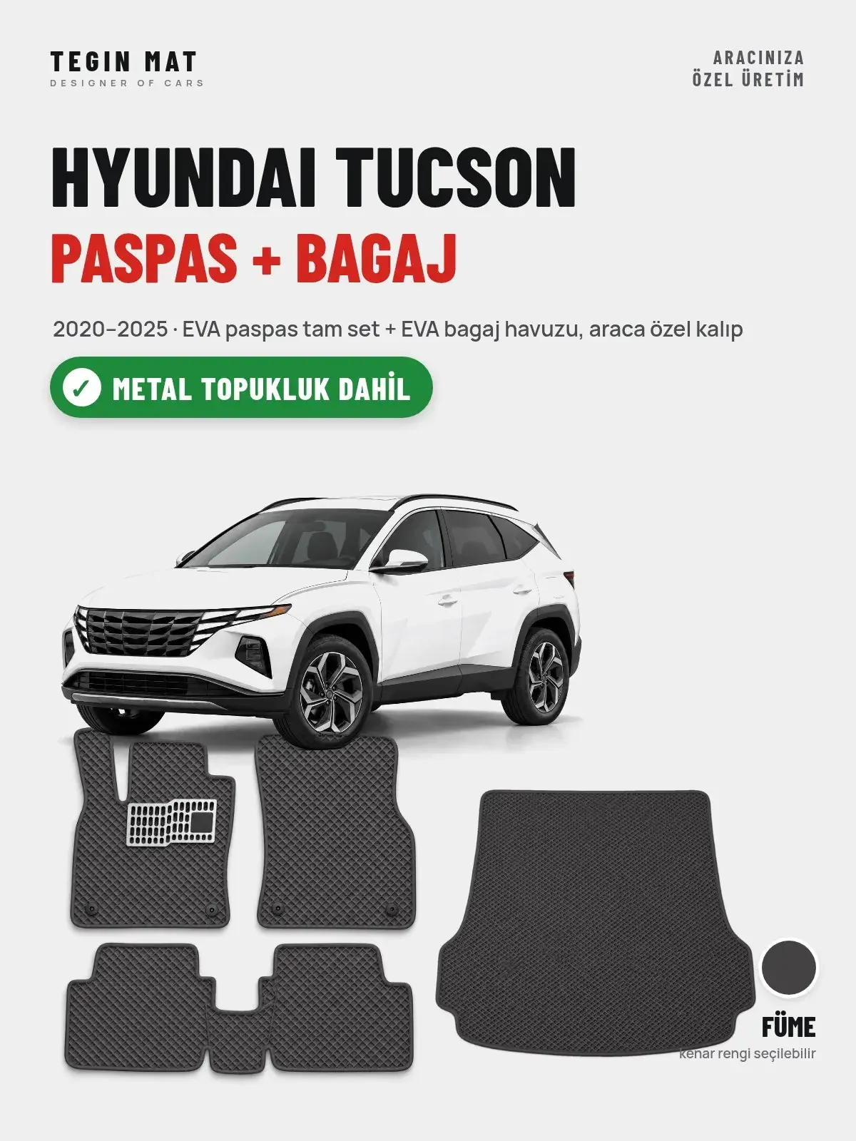 Hyundai Tucson EVA Paspas + Bagaj Havuzu Seti (2020–2025) Füme – Metal Topukluk Dahil (1)