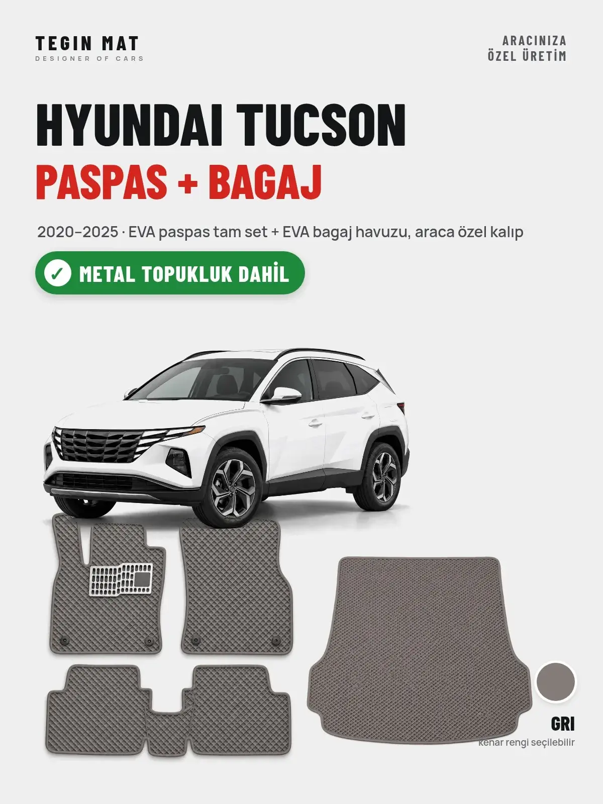 Hyundai Tucson EVA Paspas + Bagaj Havuzu Seti (2020–2025) Gri – Metal Topukluk Dahil (1)